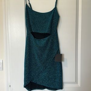 Lulus: Cutout on The Town Teal Blue Metallic Cutout Tulip Mini Dress